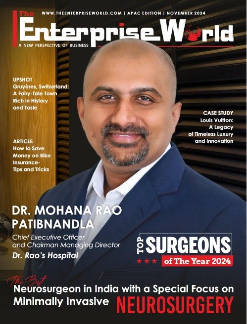 Dr. Mohana Rao Patibandla, Top Neurosurgeon in India 2024, featured on The Enterprise World magazine cover for leadership in minimally invasive neurosurgery at Dr. Rao’s Hospital, Guntur.