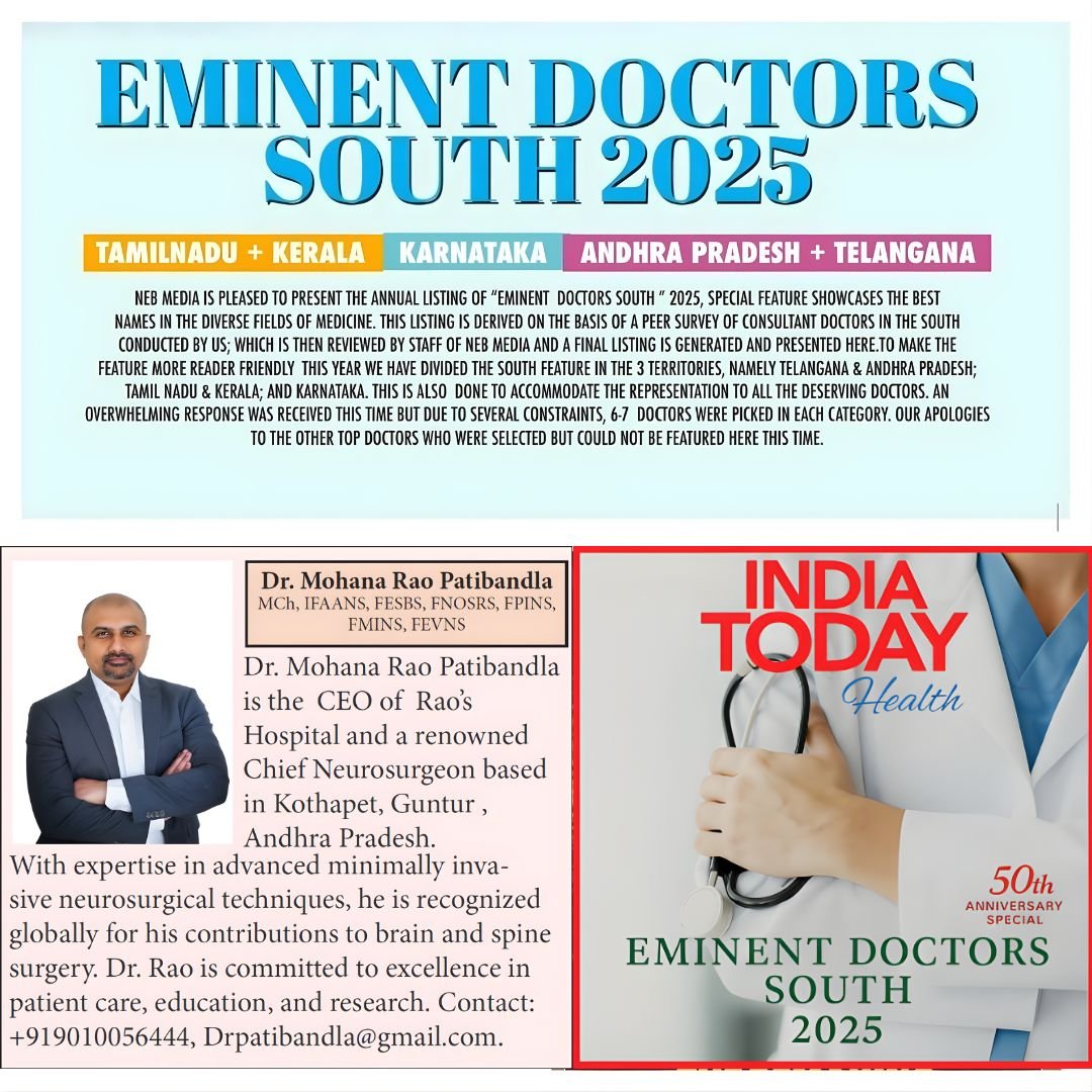 India Today Health Eminent Doctors South 2025 feature showing Dr. Mohana Rao Patibandla listed among selected doctors from Andhra Pradesh and Telangana.