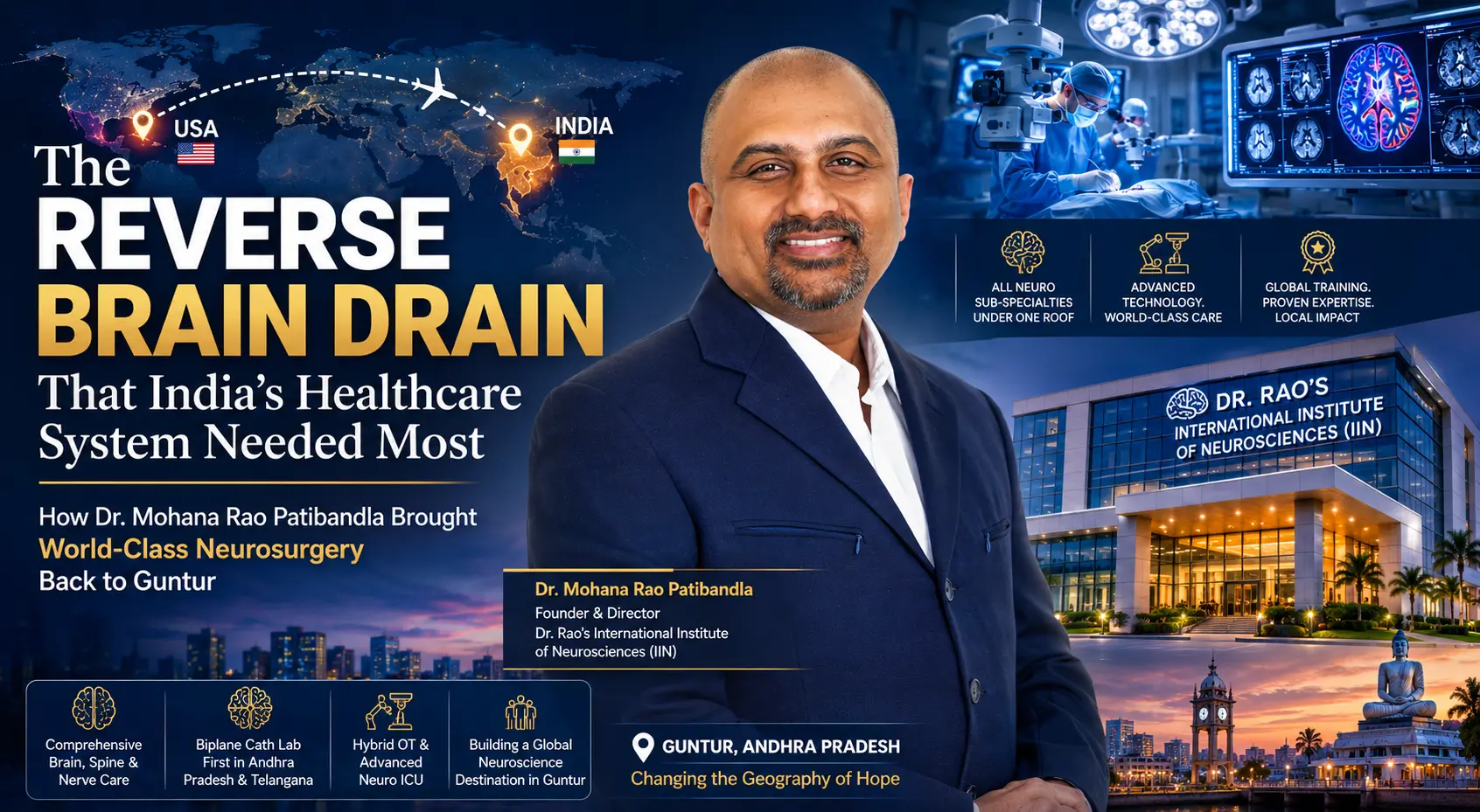 Dr. Mohana Rao Patibandla, founder of Dr. Rao's International Institute of Neurosciences (IIN), illustrating the reverse brain drain movement by bringing world-class neurosurgery, neurology, and spine care to Guntur, Andhra Pradesh, India.