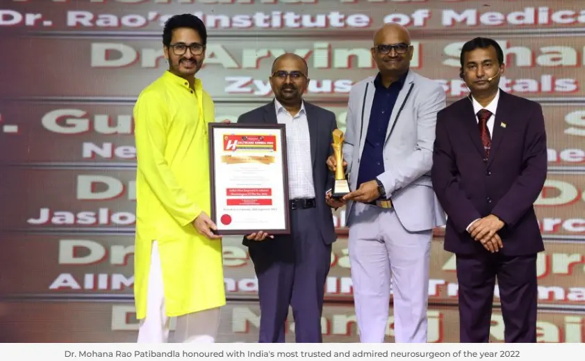 Dr. Mohana Rao Patibandla honored with India’s Most Trusted and Admired Neurosurgeon of the Year 2022 award at a national healthcare recognition event.