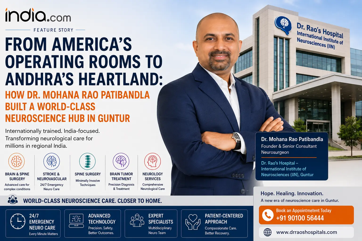 Dr. Mohana Rao Patibandla, Founder of Dr. Rao's Hospital – International Institute of Neurosciences (IIN), bringing world-class brain, spine, stroke, and neurovascular care to Guntur through advanced neuroscience services and international expertise.