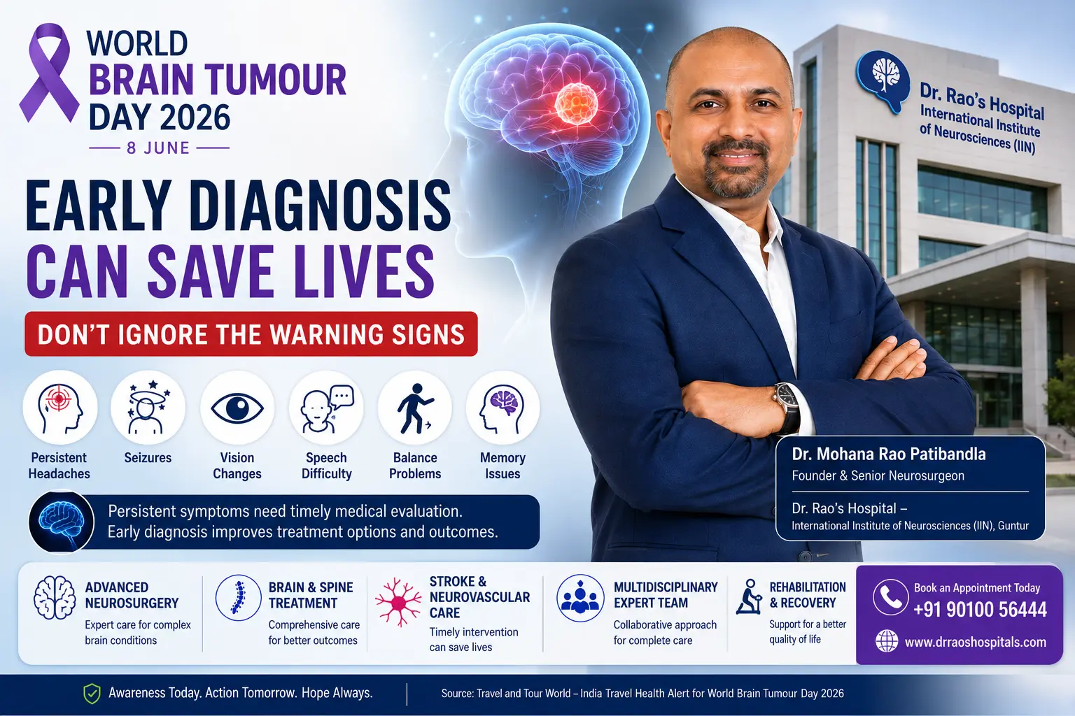 World Brain Tumour Day 2026 awareness campaign highlighting brain tumour symptoms, warning signs, and the importance of early diagnosis.